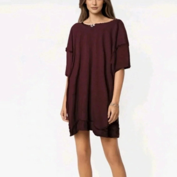 Umgee lagenlook dress tunic split sides fringe on sleeves & hem deep purple sz S - Picture 2 of 9